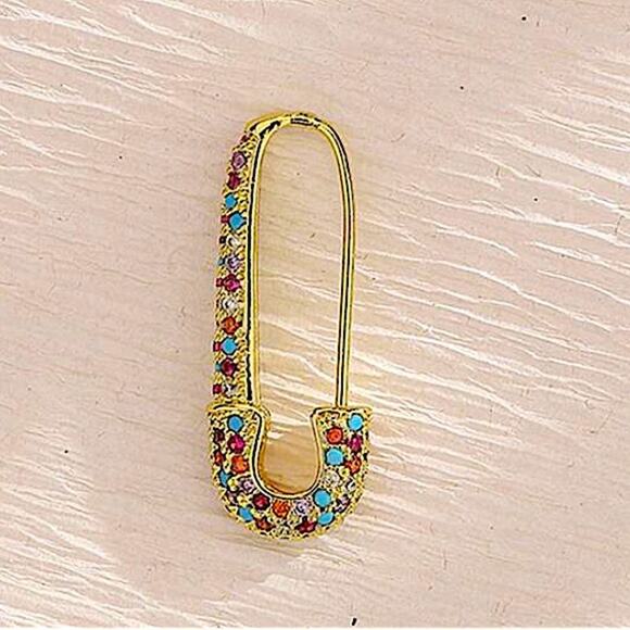 Gold Plated Rhinestone Safety-pin Earring, Multicolor, Punk, Hip Hop - Picture 6 of 8